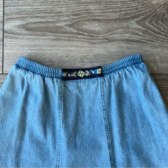 Vintage Traditional Tribal A Line Flowy Denim Midi Skirt - Picture 3 of 12